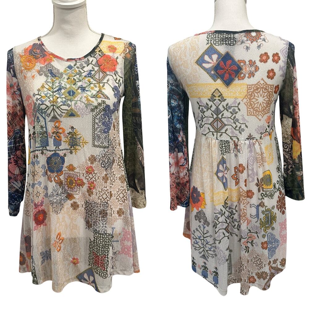 John Mark Multi Embroidered Mesh‎ Mixed Media Boho Tunic Folklore Art-to-Wear XS